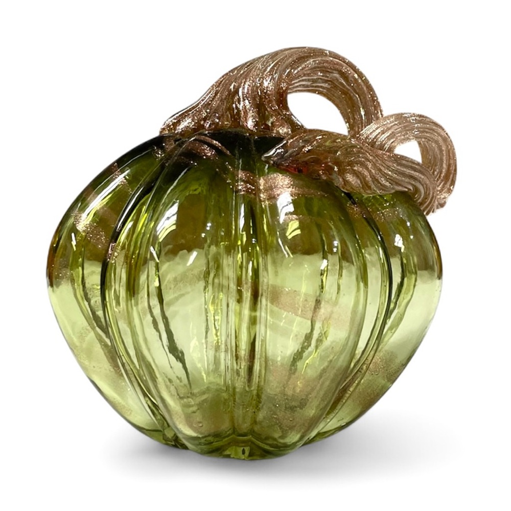 Pier 1 Hand Blown Green Glass Gold Swirl Pumpkin Glittering Gold Stem Fall Decor
